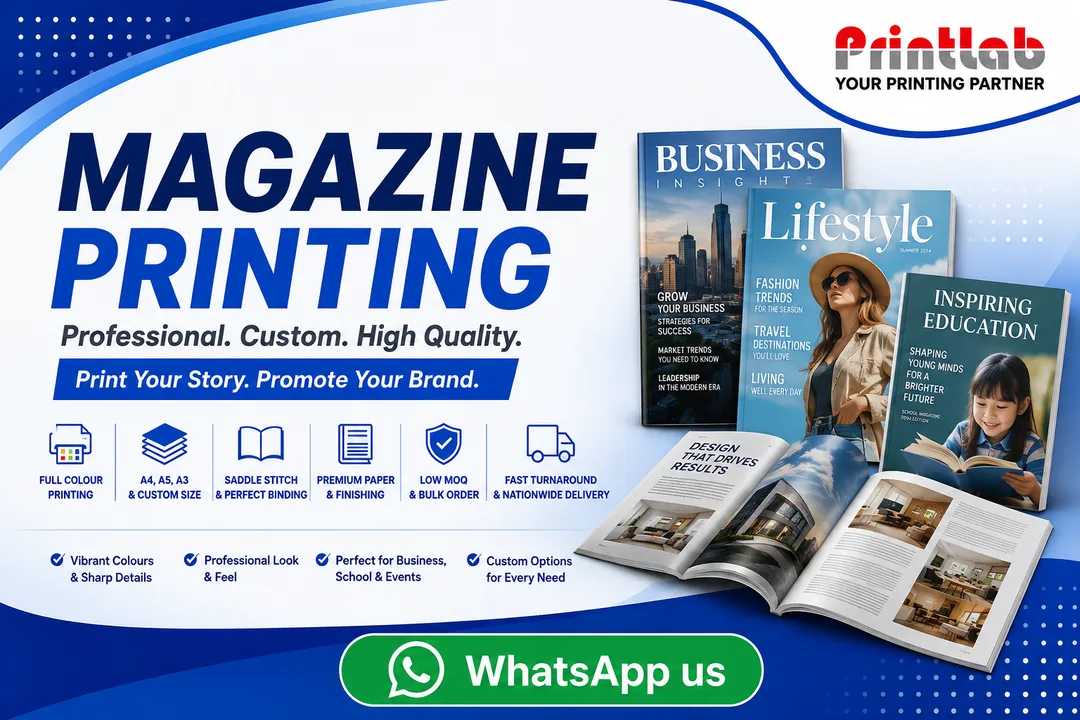Printlab Marketing custom magazine printing service featuring vibrant full-color pages, premium laminated gloss covers, perfect glue binding, and optional protective imagewrap slipcases produced at Ara Damansara Petaling Jaya facility.