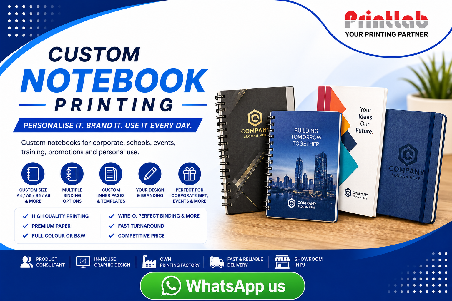 Printlab Marketing custom notebook printing service featuring double wire-o binding, high-gloss softcover, spot UV, and custom printed inner pages produced at Ara Damansara Petaling Jaya facility.