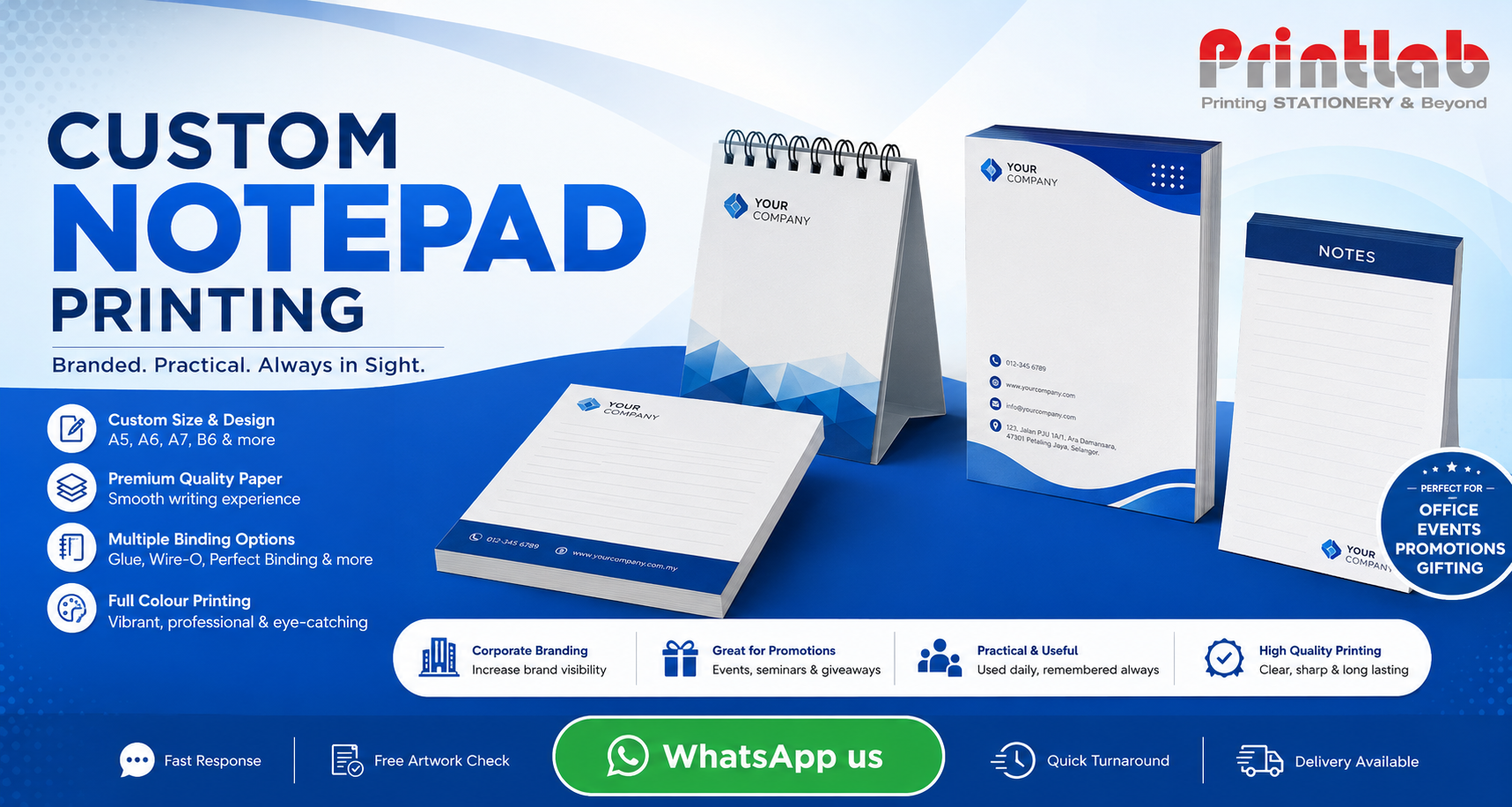 Printlab Marketing custom notepad printing service featuring full-color custom printed memo pads, top glue padding, sturdy chipboard backing, and custom grid lines produced at Ara Damansara Petaling Jaya facility.
