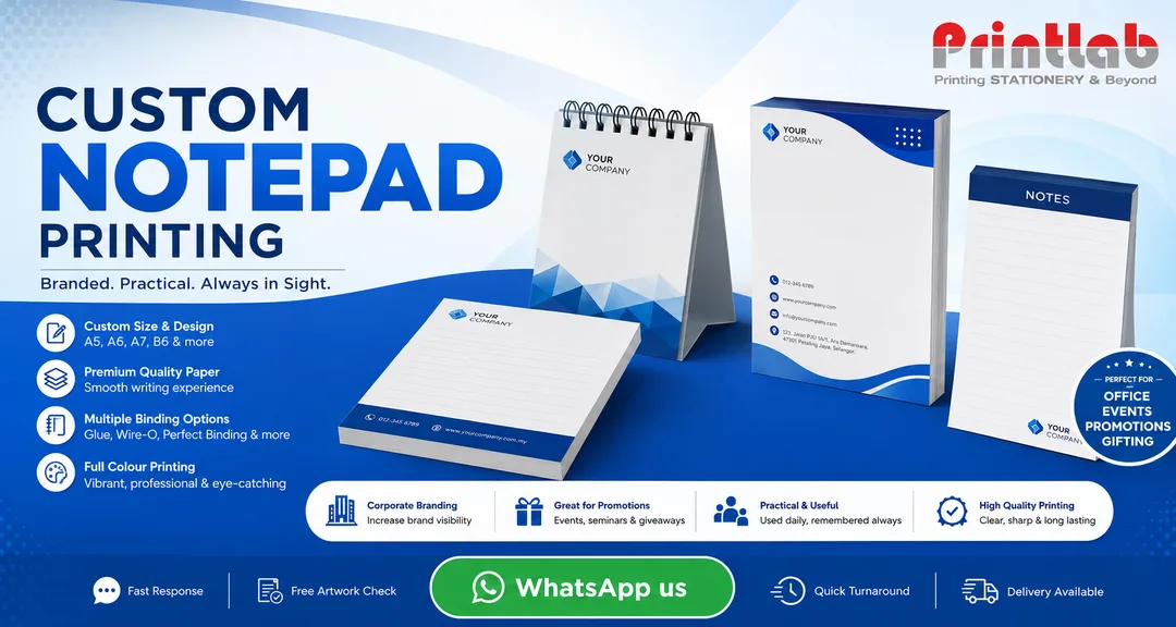 Printlab Marketing custom notepad printing service featuring full-color custom printed memo pads, top glue padding, sturdy chipboard backing, and custom grid lines produced at Ara Damansara Petaling Jaya facility.