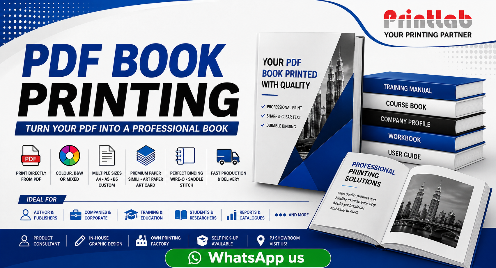 Printlab Marketing high quality PDF book printing and binding service featuring softcover PUR bound books, Wire-O manuals, and custom hardcovers printed directly from PDF files at Ara Damansara Petaling Jaya plant.
