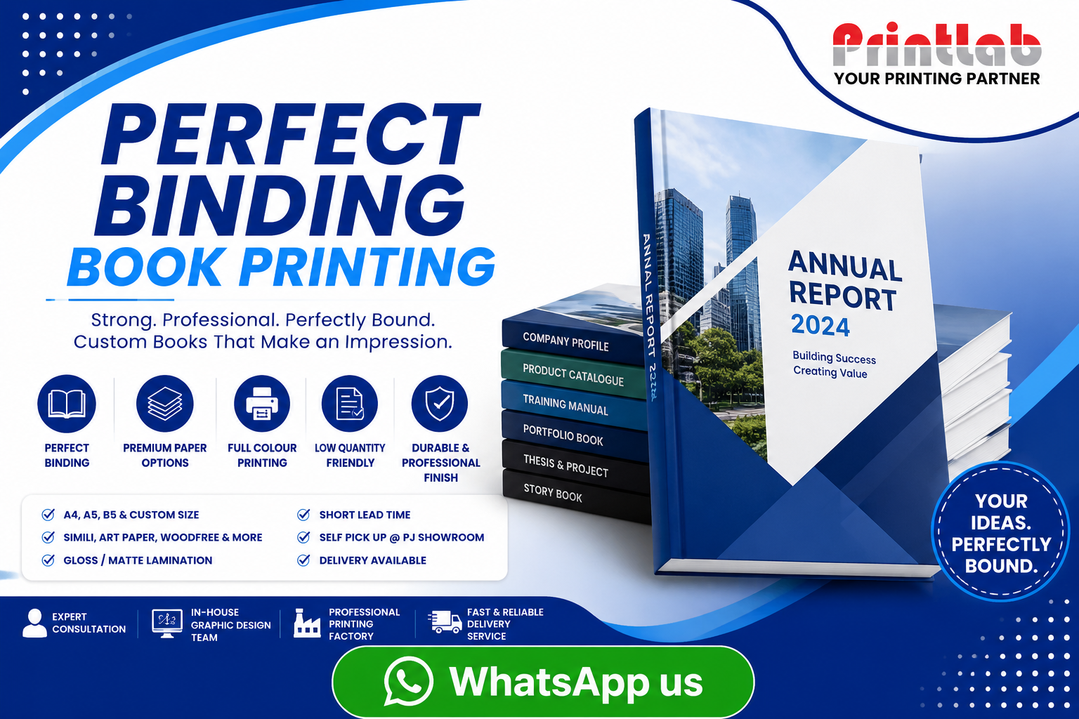 Printlab Marketing custom perfect binding book printing service featuring PUR glue adhesive, clean square spines, high-definition digital offset printing, and premium paper stock produced at Ara Damansara Petaling Jaya facility.