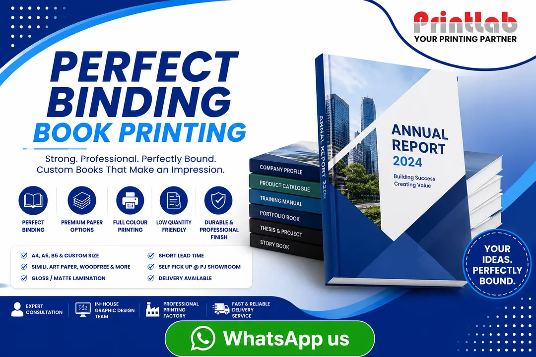 Printlab Marketing custom perfect binding book printing service featuring PUR glue adhesive, clean square spines, high-definition digital offset printing, and premium paper stock produced at Ara Damansara Petaling Jaya facility.