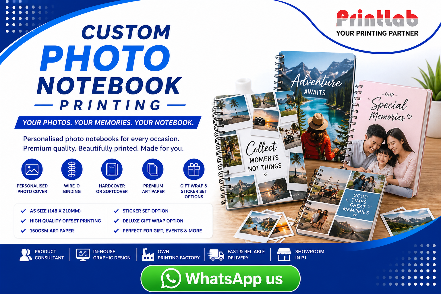 Printlab Marketing custom photo notebook printing service featuring high-definition offset printed photo covers, wire-o binding, soft-touch lamination, and custom inner page layout produced at Ara Damansara Petaling Jaya facility.