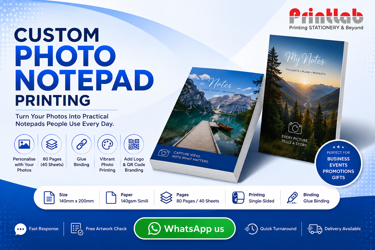 Printlab Marketing custom photo notepad printing service featuring vibrant full-color picture covers, high-density 80gsm woodfree inner sheets, sturdy chipboard backing, and precision wire-o binding produced at Ara Damansara Petaling Jaya facility.