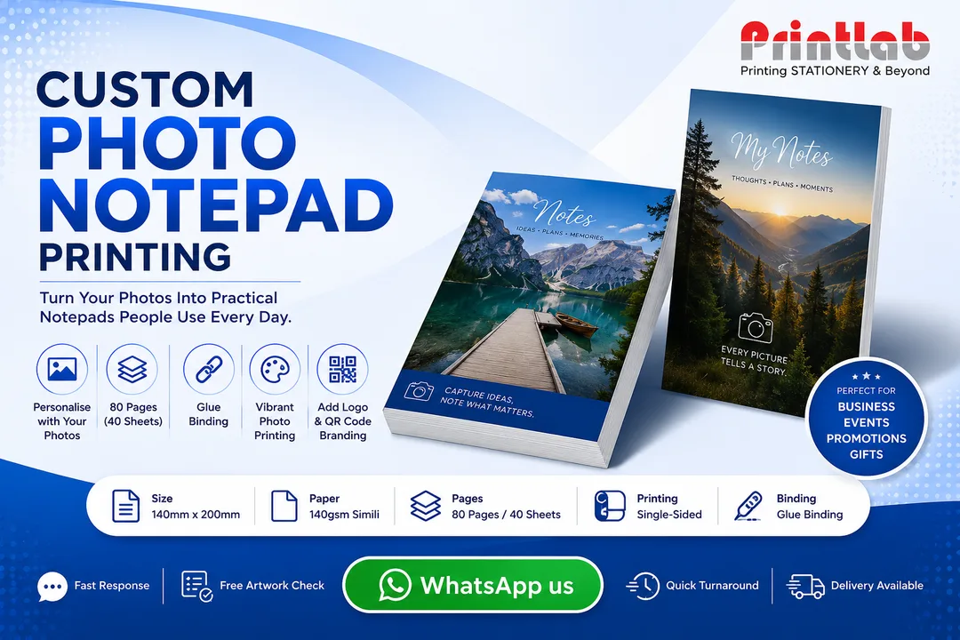 Printlab Marketing custom photo notepad printing service featuring vibrant full-color picture covers, high-density 80gsm woodfree inner sheets, sturdy chipboard backing, and precision wire-o binding produced at Ara Damansara Petaling Jaya facility.