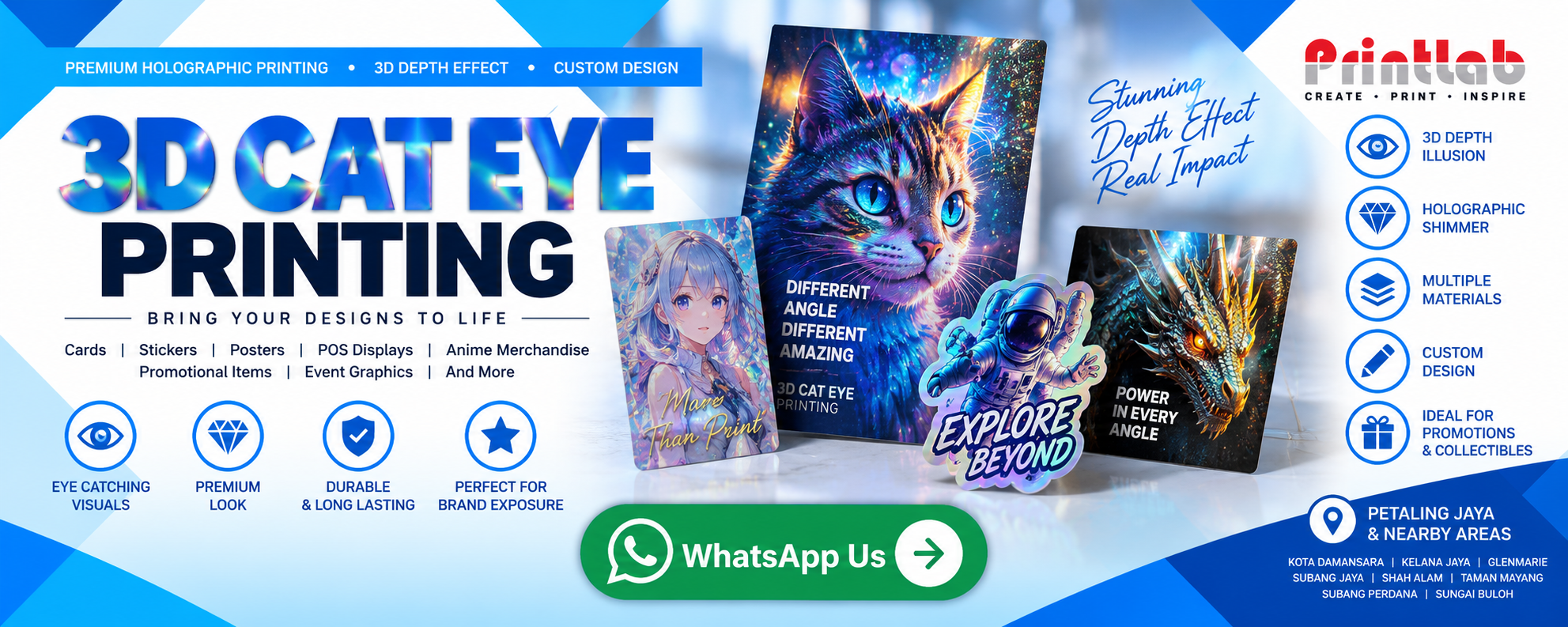 Custom Printed 3D Cat Eye Holographic Lenticular Graphic Card Manufactured by Printlab Marketing Sdn Bhd Ara Damansara Petaling Jaya