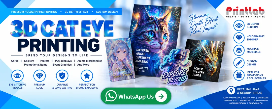 Custom Printed 3D Cat Eye Holographic Lenticular Graphic Card Manufactured by Printlab Marketing Sdn Bhd Ara Damansara Petaling Jaya