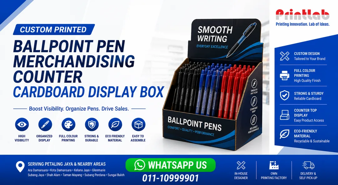 Custom Ballpoint Pen Merchandising Counter Cardboard Display Box Manufactured by Printlab Marketing Ara Damansara Petaling Jaya
