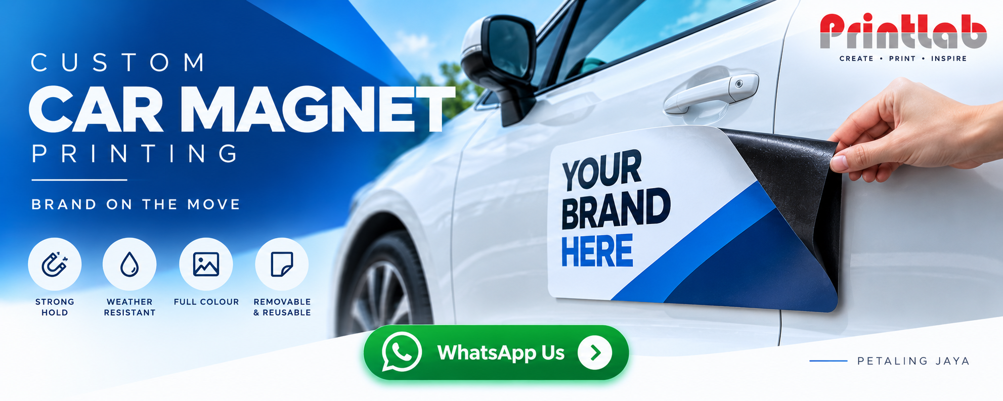 Custom printed vehicle magnetic door sign with heavy-duty magnet sheet, UV waterproof protection, and matte lamination displayed at Printlab Marketing Ara Damansara PJ showroom.