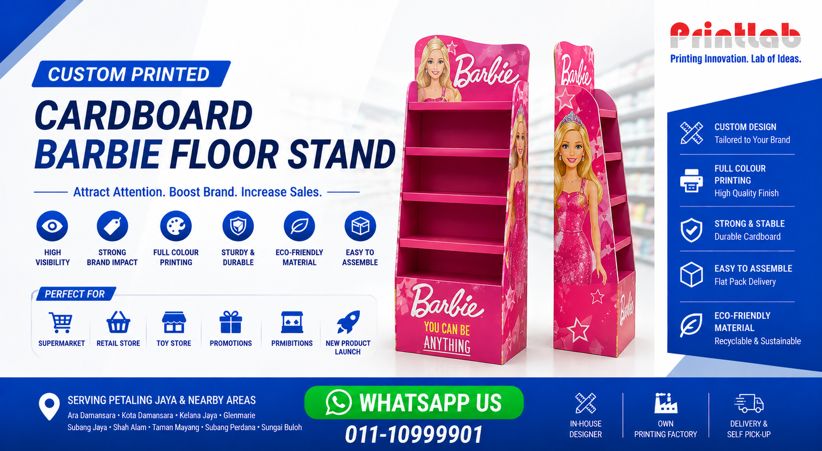 Custom Cardboard Barbie Floor Stand Manufactured by Printlab Marketing Ara Damansara Petaling Jaya
