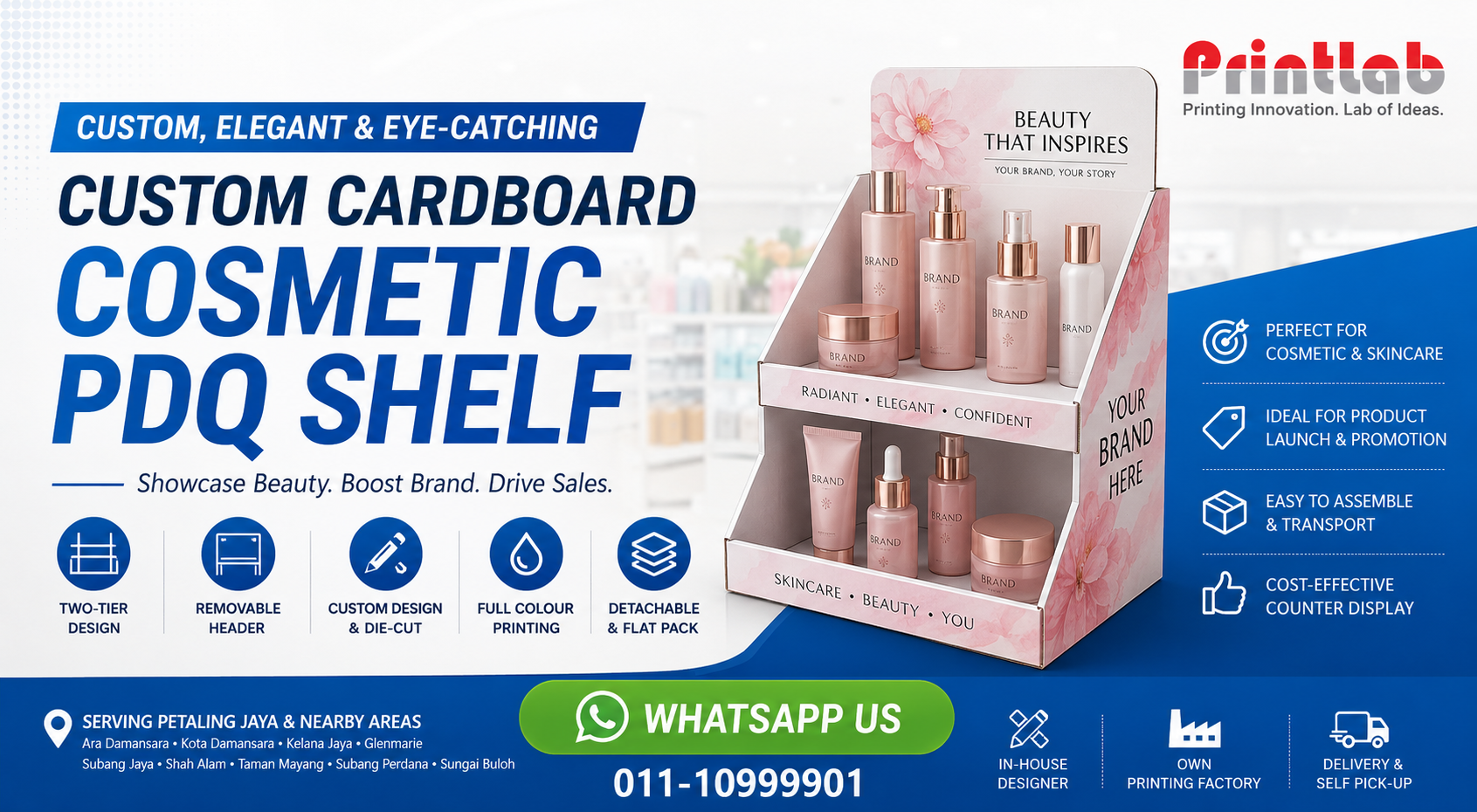 Custom Cardboard Cosmetic PDQ Shelf Manufactured by Printlab Marketing Ara Damansara Petaling Jaya