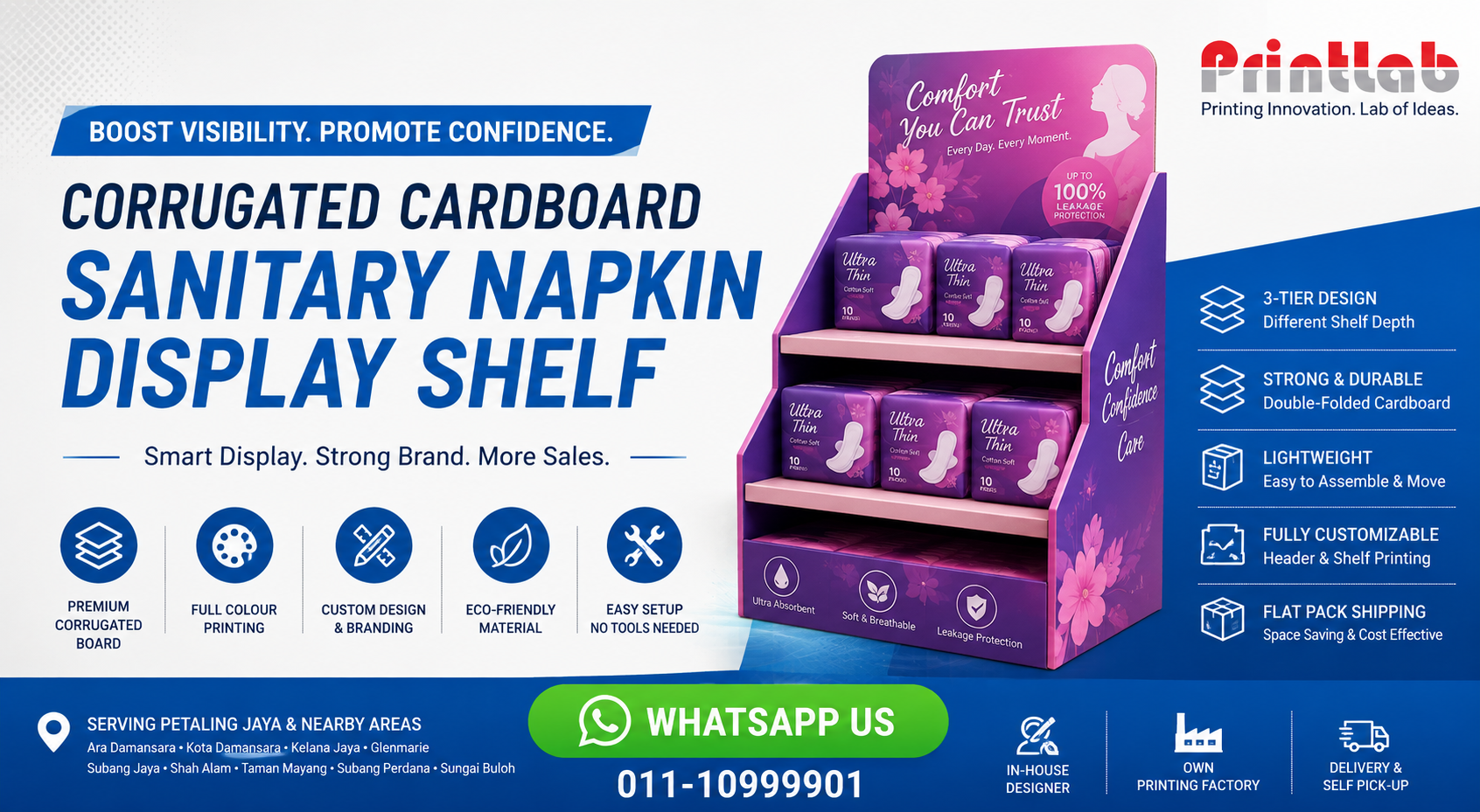 Custom Corrugated Cardboard Sanitary Napkin Display Shelf Manufactured by Printlab Marketing Ara Damansara Petaling Jaya