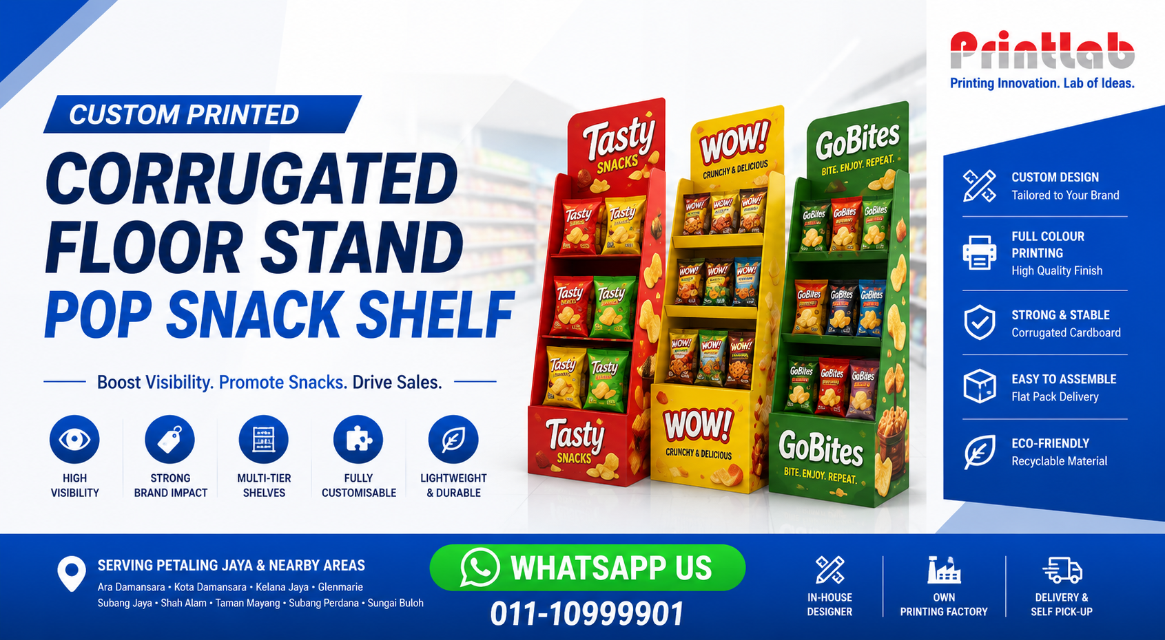 Custom Corrugated Floor Stand POP Snack Shelf Manufactured by Printlab Marketing Ara Damansara Petaling Jaya