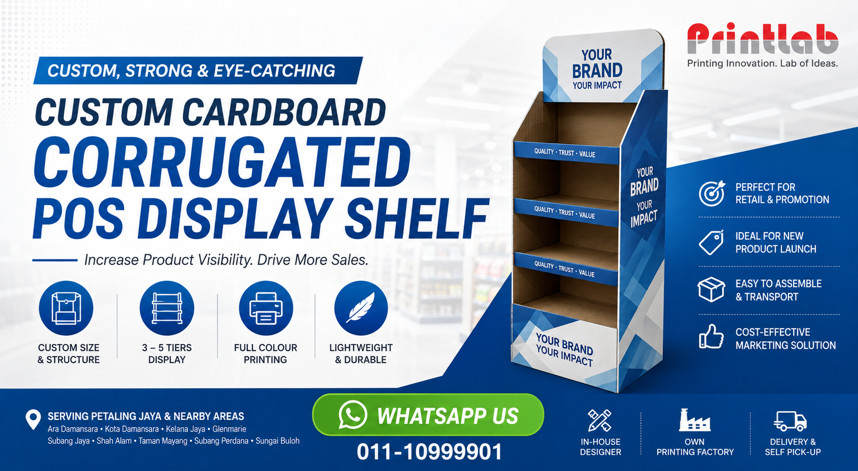Custom Cardboard Corrugated POS Display Shelf Manufactured by Printlab Marketing Ara Damansara Petaling Jaya