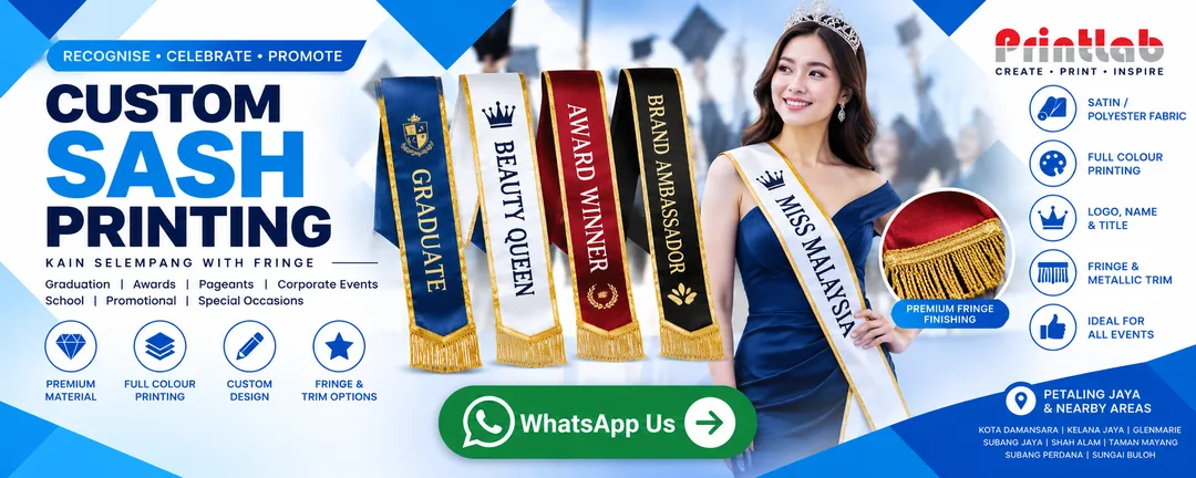 Custom Printed Satin Sash Kain Selempang with Gold Fringe Tassels Manufactured by Printlab Marketing Sdn Bhd Ara Damansara Petaling Jaya