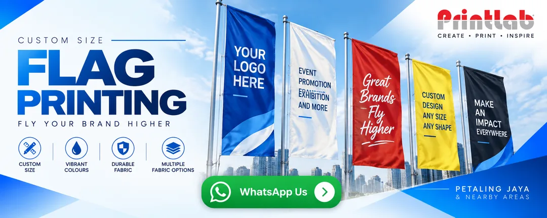 Custom size company flag printed with high-resolution dye sublimation fabric by Printlab Marketing Sdn Bhd in Ara Damansara Petaling Jaya.