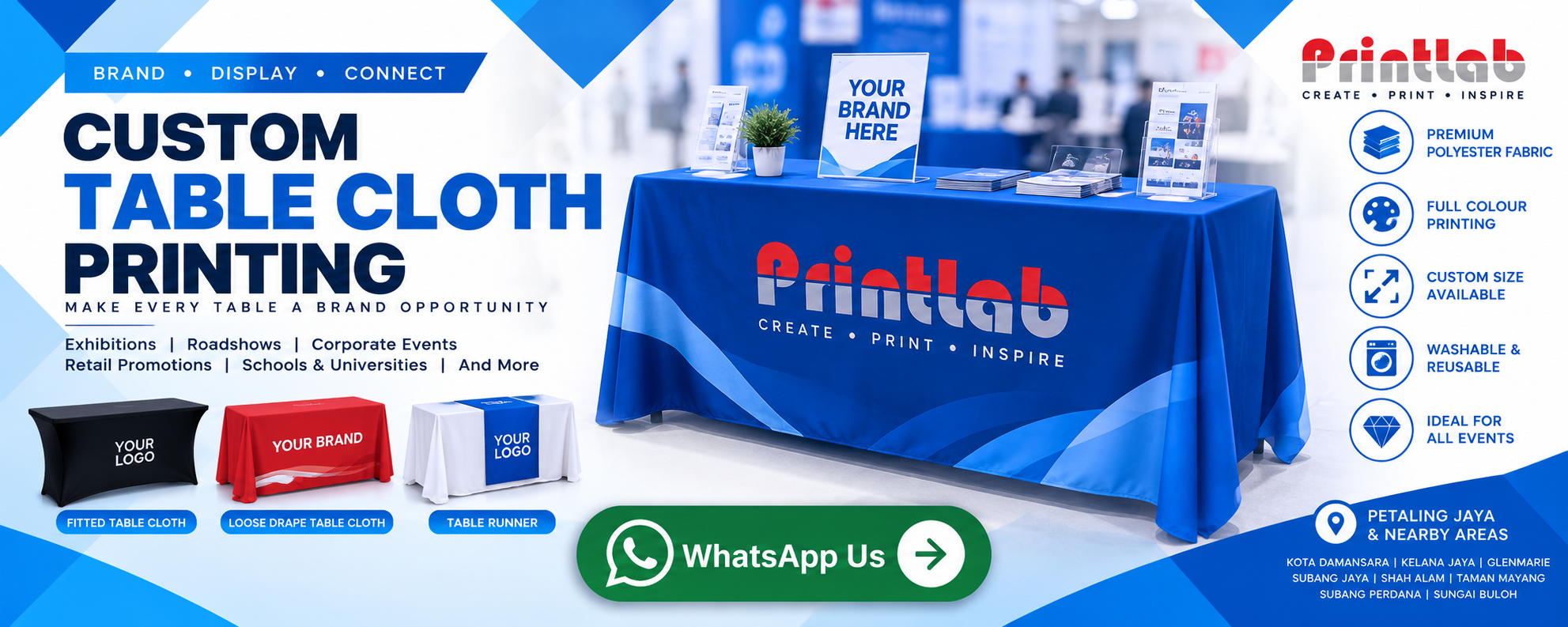 Premium Full Color Custom Printed Table Cloth and Fitted Exhibition Cover Manufactured by Printlab Marketing Sdn Bhd Ara Damansara Petaling Jaya