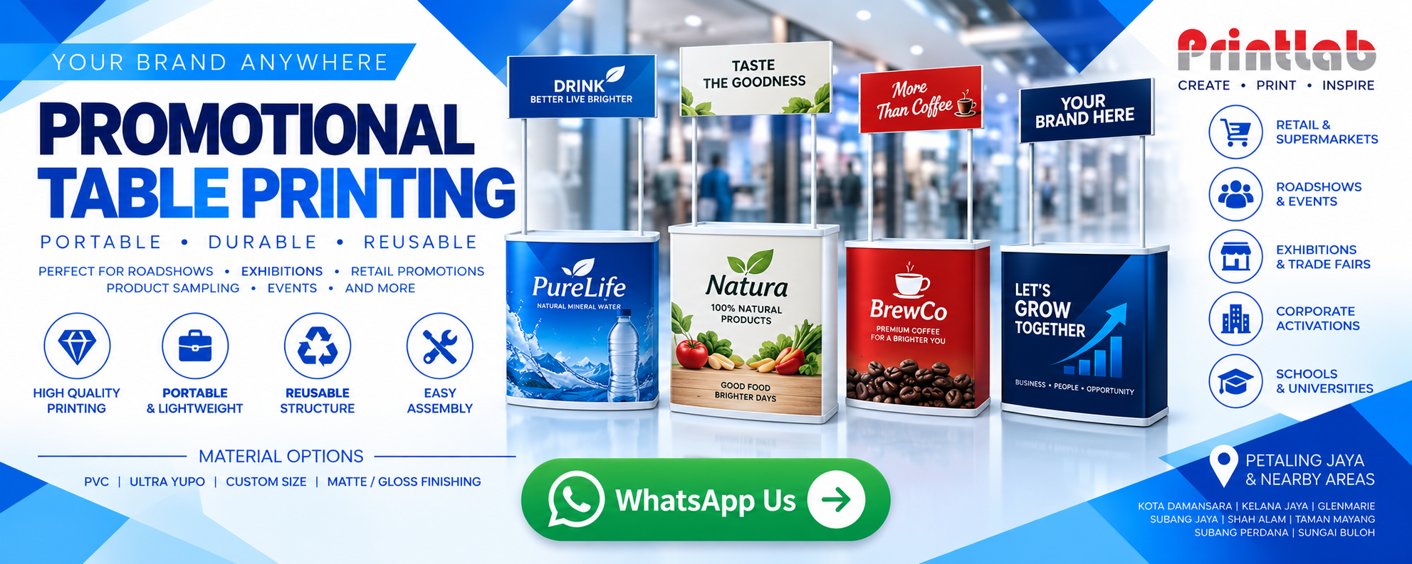 Custom Printed Portable Promotional Table Counter Booth with Top Header and Full Wrap Graphic Body by Printlab Marketing Sdn Bhd Ara Damansara Petaling Jaya