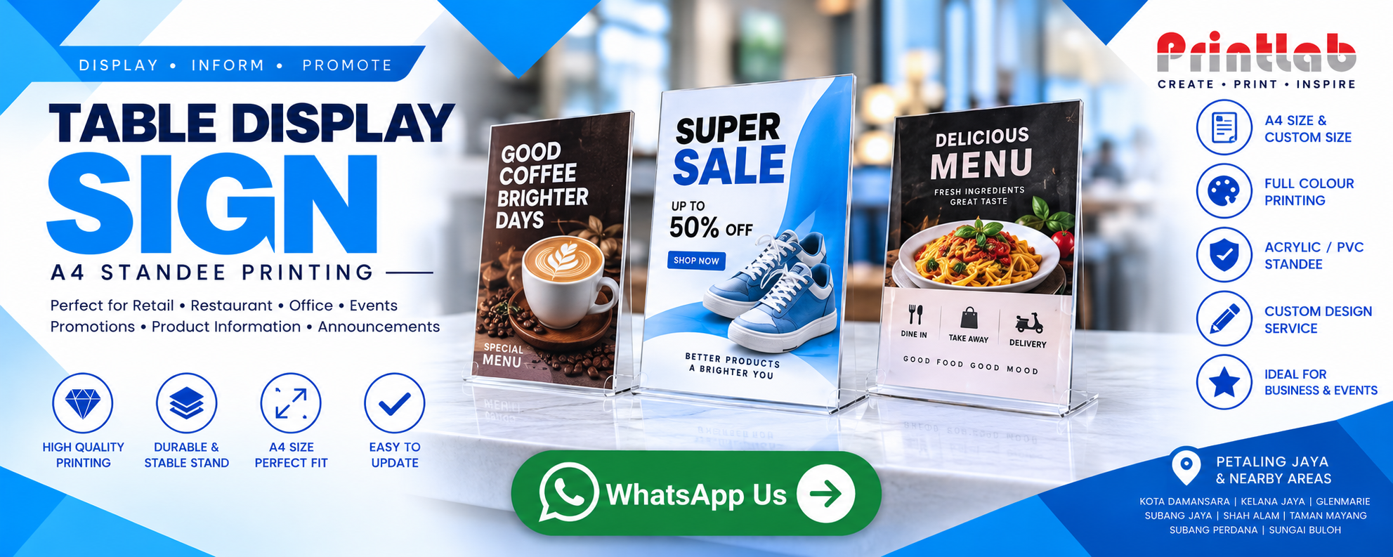 Custom Printed Rigid PVC Board Table Display Sign and Counter Standee Manufactured by Printlab Marketing Sdn Bhd Ara Damansara Petaling Jaya