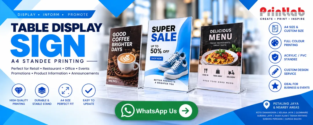 Custom Printed Rigid PVC Board Table Display Sign and Counter Standee Manufactured by Printlab Marketing Sdn Bhd Ara Damansara Petaling Jaya