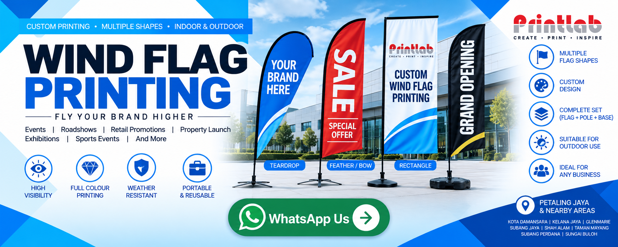 Custom Printed Outdoor Wind Flag Feather Banner and Teardrop Flag Display Manufactured by Printlab Marketing Sdn Bhd Ara Damansara Petaling Jaya
