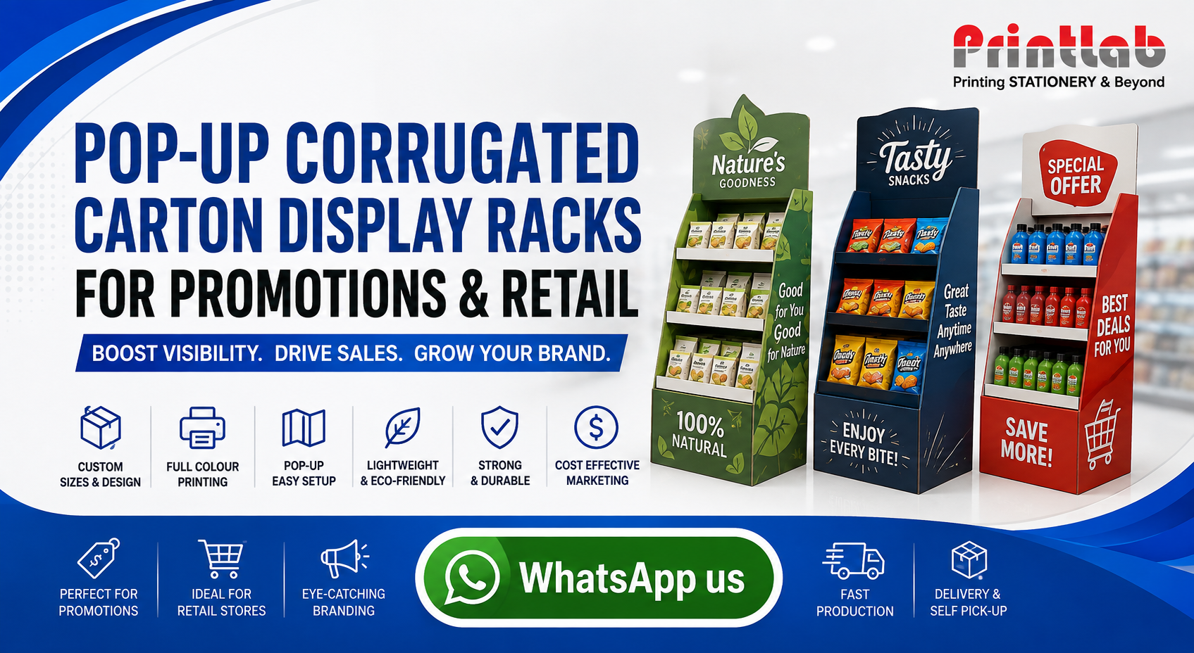 Custom printed pop-up corrugated carton display rack with multi-tier shelving, high-load weight capacity, and CMYK UV printing manufactured by Printlab Marketing Sdn Bhd in Ara Damansara Petaling Jaya.