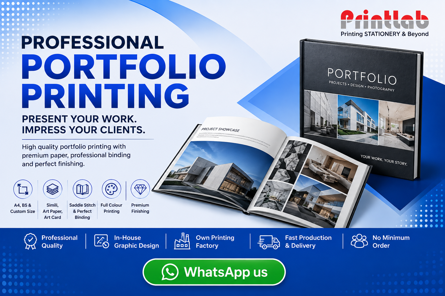 Printlab Marketing custom portfolio printing service featuring premium hardcover and softcover presentation books, vibrant full-color interior pages, custom spot UV finish, and lay-flat binding produced at Ara Damansara Petaling Jaya facility.