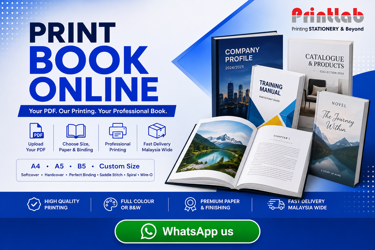 Printlab Marketing online book printing service featuring custom hardcover and softcover books, crisp interior pages, custom lamination finishes, and perfect binding produced at Ara Damansara Petaling Jaya facility.