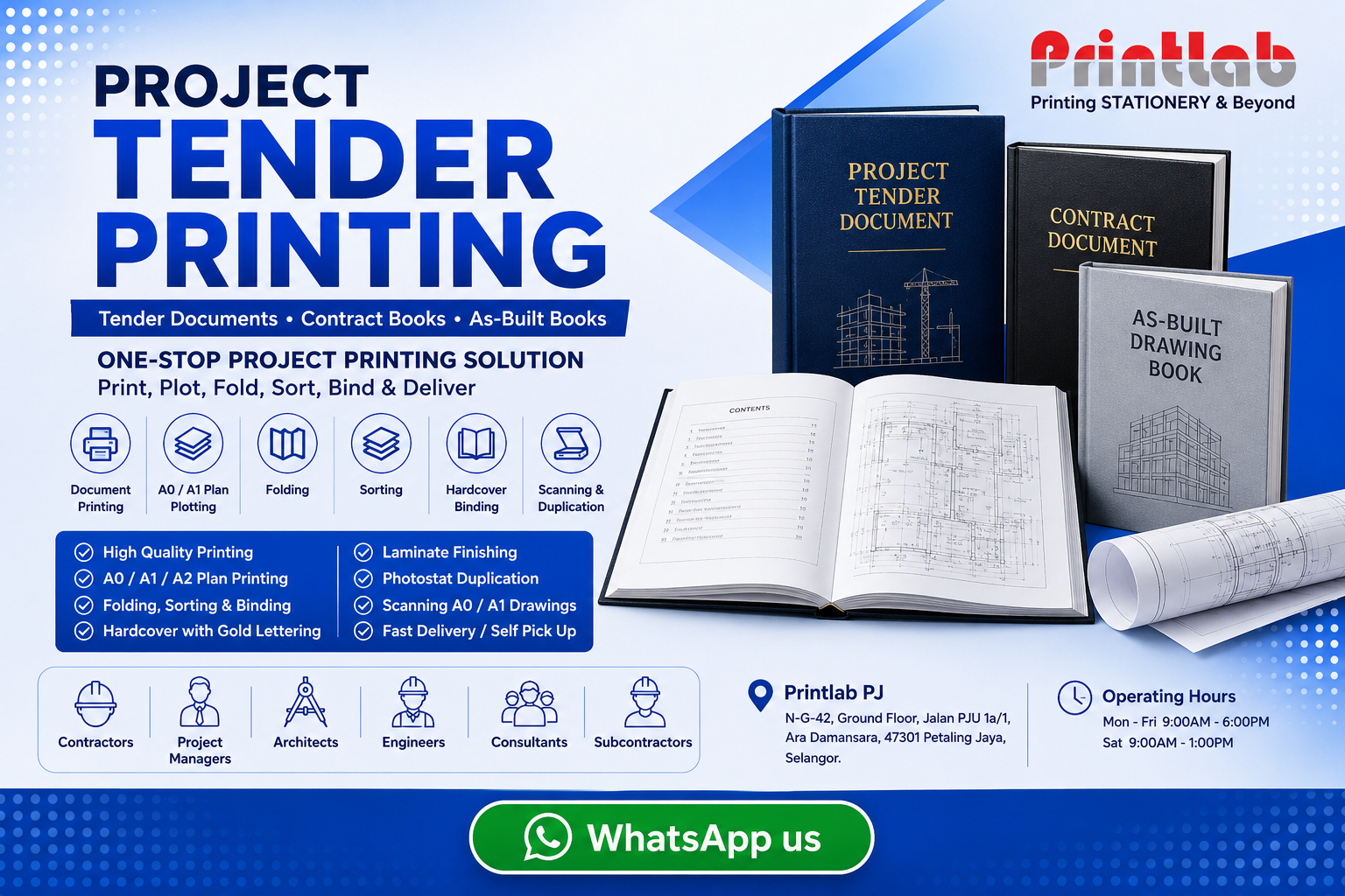 Printlab Marketing project tender printing service featuring heavy-duty hardcover bound contract books, index tabs, folded large-format CAD architectural drawings, and gold foil stamped submission covers produced at Ara Damansara Petaling Jaya facility.