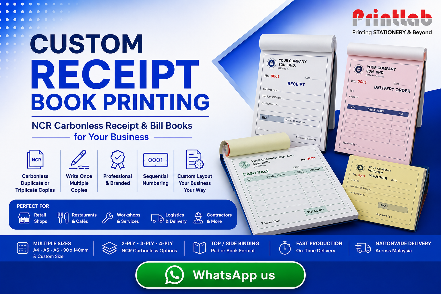 Printlab Marketing custom NCR receipt book printing service featuring 2-ply and 3-ply carbonless bill books, sequential red numbering, micro-perforation, binding tape, and craft cover wraps produced at Ara Damansara Petaling Jaya facility.