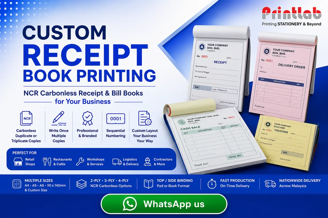 Printlab Marketing custom NCR receipt book printing service featuring 2-ply and 3-ply carbonless bill books, sequential red numbering, micro-perforation, binding tape, and craft cover wraps produced at Ara Damansara Petaling Jaya facility.