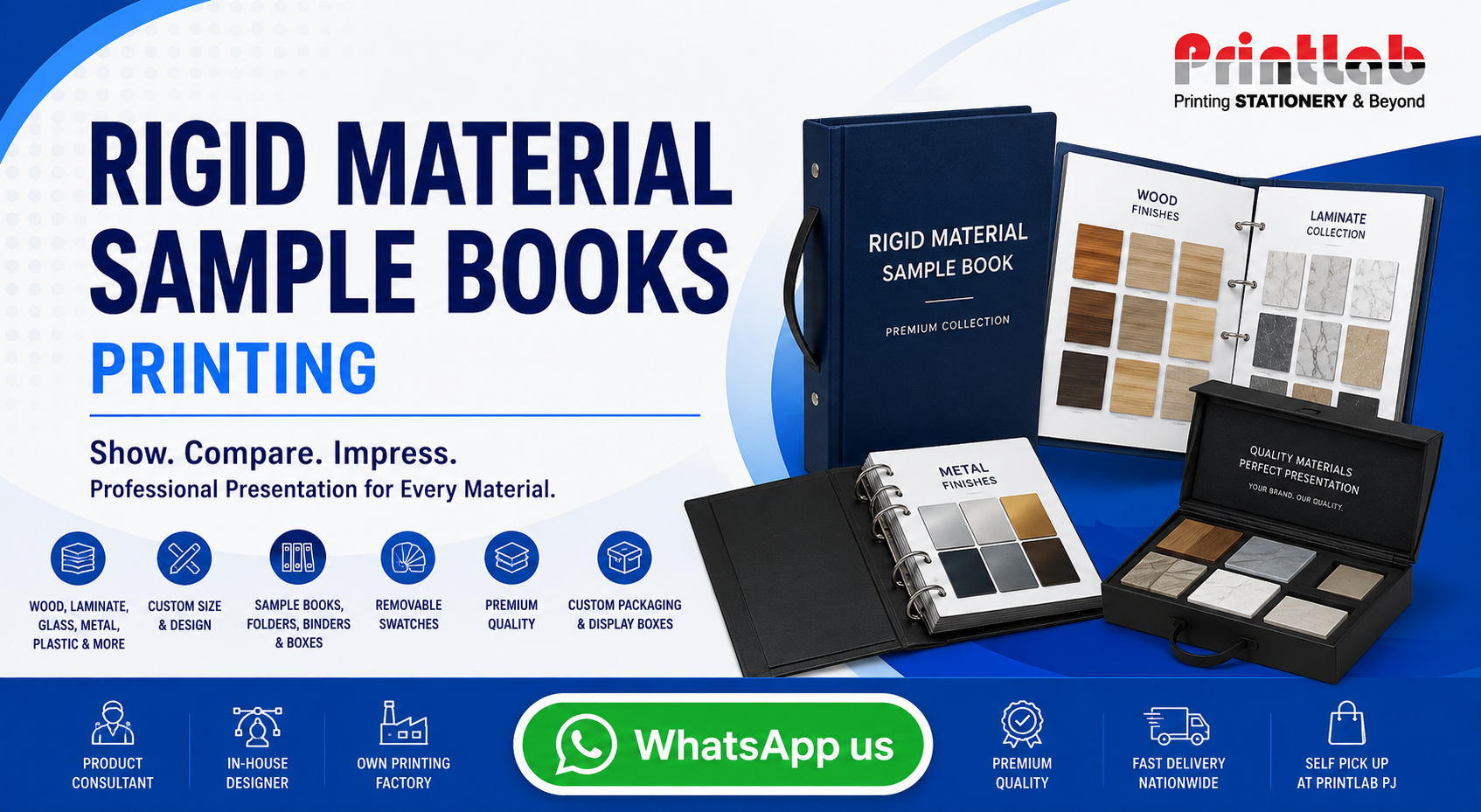 Printlab Marketing custom rigid materials sample books featuring heavy-duty 1800gsm chipboard covers, precision CNC die-cut EVA foam inserts, and magnetic snap closures at Ara Damansara Petaling Jaya production facility.