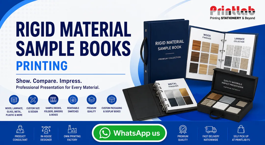 Printlab Marketing custom rigid materials sample books featuring heavy-duty 1800gsm chipboard covers, precision CNC die-cut EVA foam inserts, and magnetic snap closures at Ara Damansara Petaling Jaya production facility.