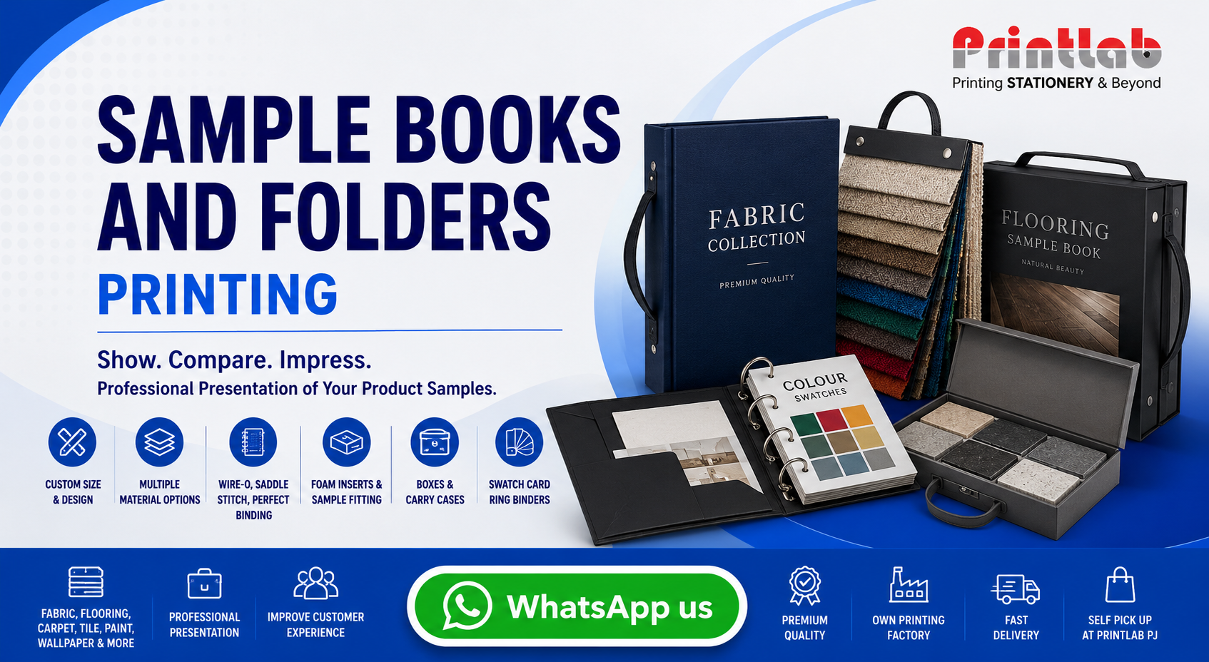 Printlab Marketing custom sample books and swatch presentation folders featuring premium hardcover construction, high-density EVA foam inserts, magnetic clasp closures, and custom die-cut slots at Ara Damansara Petaling Jaya production facility.