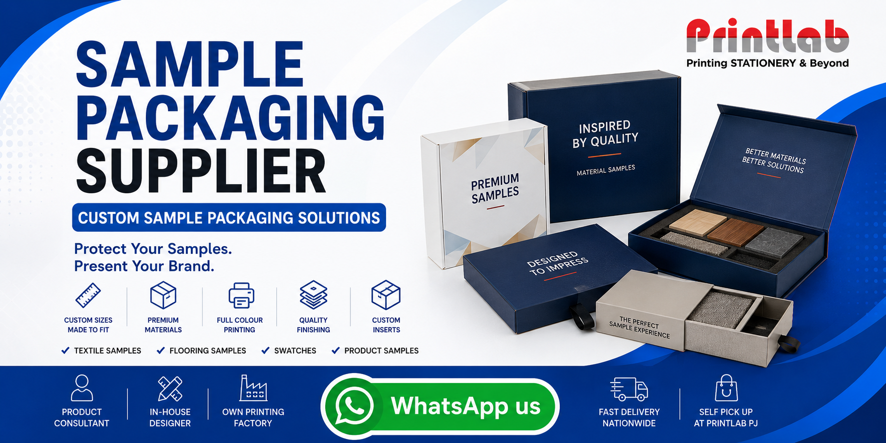 Printlab Marketing custom printed sample packaging boxes featuring magnetic flip covers, precision CNC EVA foam inserts, spot UV, and hot foil stamping produced at Ara Damansara Petaling Jaya factory.