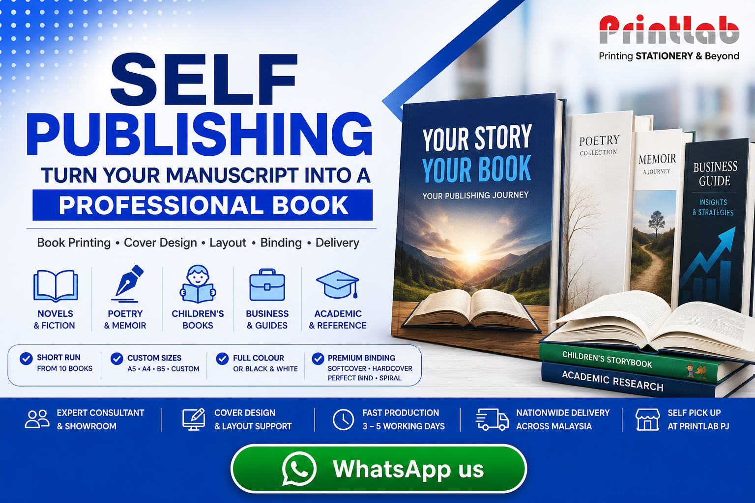 Printlab Marketing self-publishing book printing setup showing softcover and hardcover books, custom cover finishes, crisp inner pages, and spine binding at Ara Damansara Petaling Jaya store.