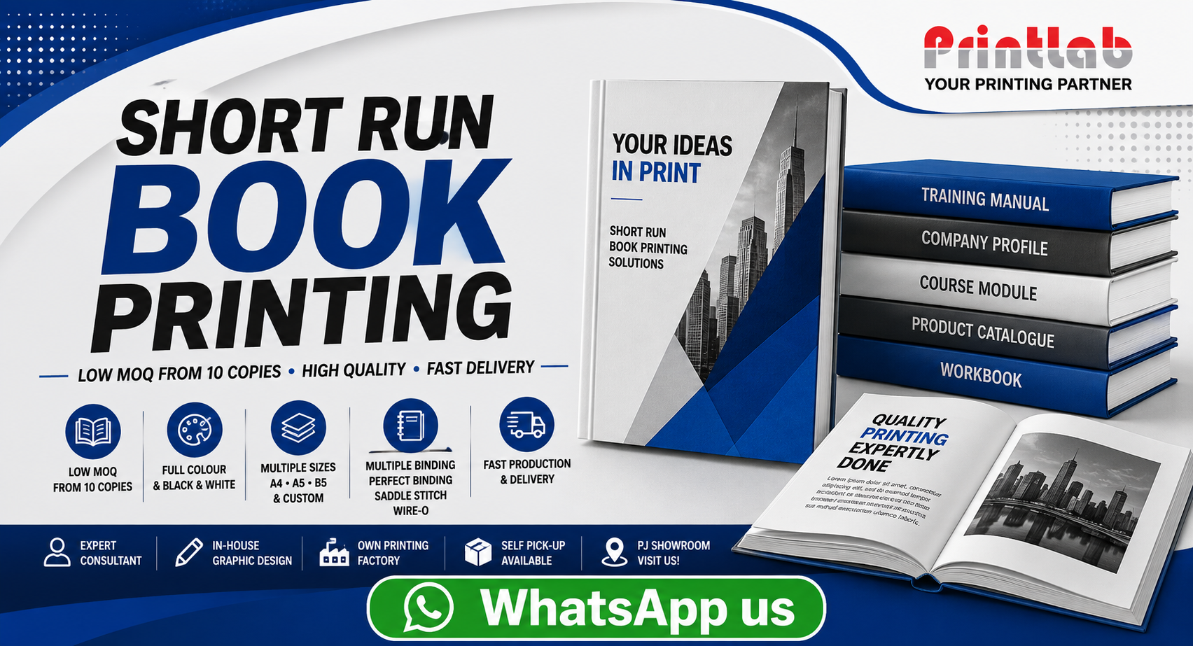 Printlab Marketing high quality short run book printing featuring PUR perfect bound softcover books, manuals, and wire-o workbooks at Ara Damansara Petaling Jaya production plant.