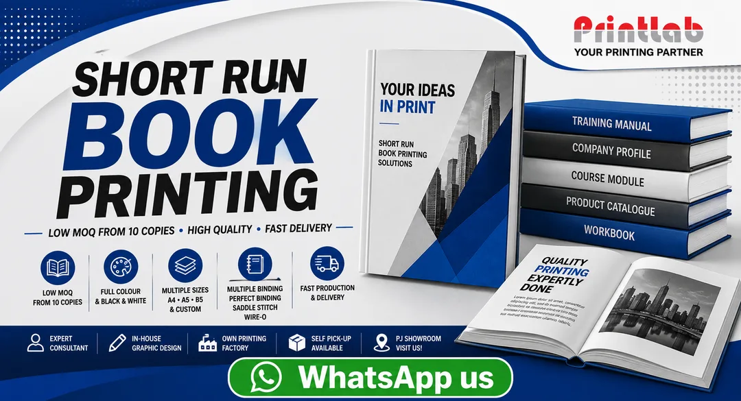 Printlab Marketing high quality short run book printing featuring PUR perfect bound softcover books, manuals, and wire-o workbooks at Ara Damansara Petaling Jaya production plant.