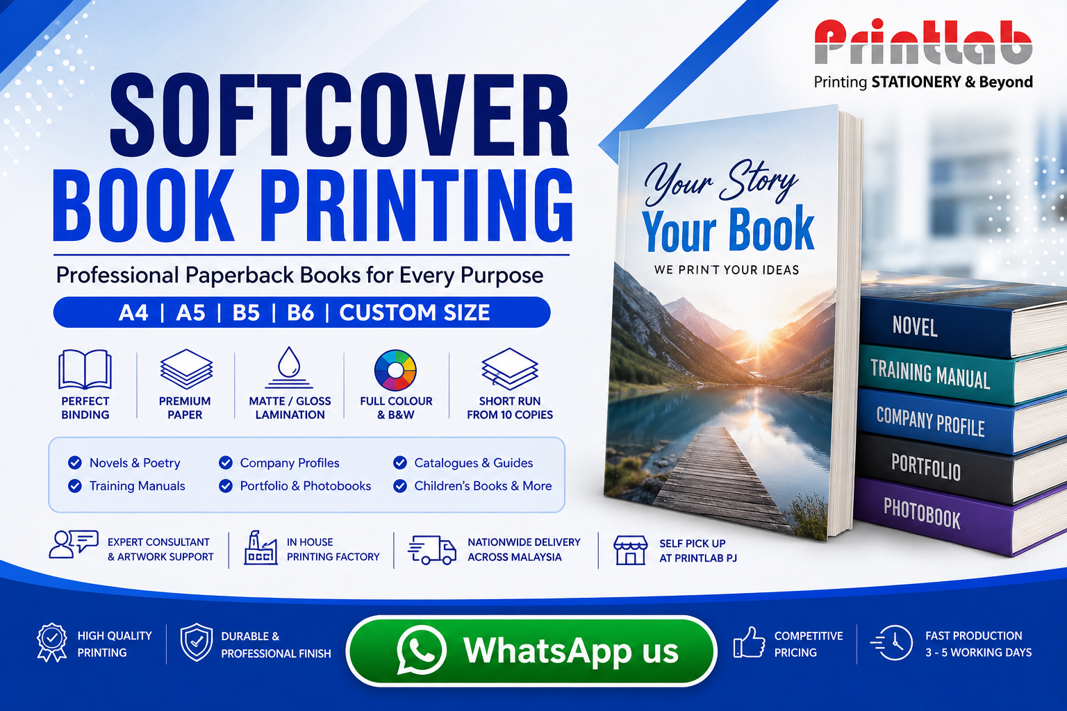 Printlab Marketing softcover book printing production showcasing PUR perfect bound paperback novels, photo albums, corporate catalogs, and custom laminated covers at Ara Damansara Petaling Jaya facility.