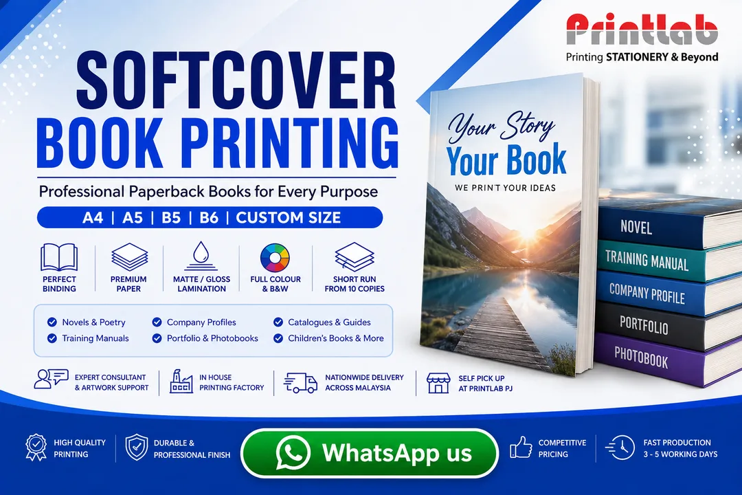Printlab Marketing softcover book printing production showcasing PUR perfect bound paperback novels, photo albums, corporate catalogs, and custom laminated covers at Ara Damansara Petaling Jaya facility.