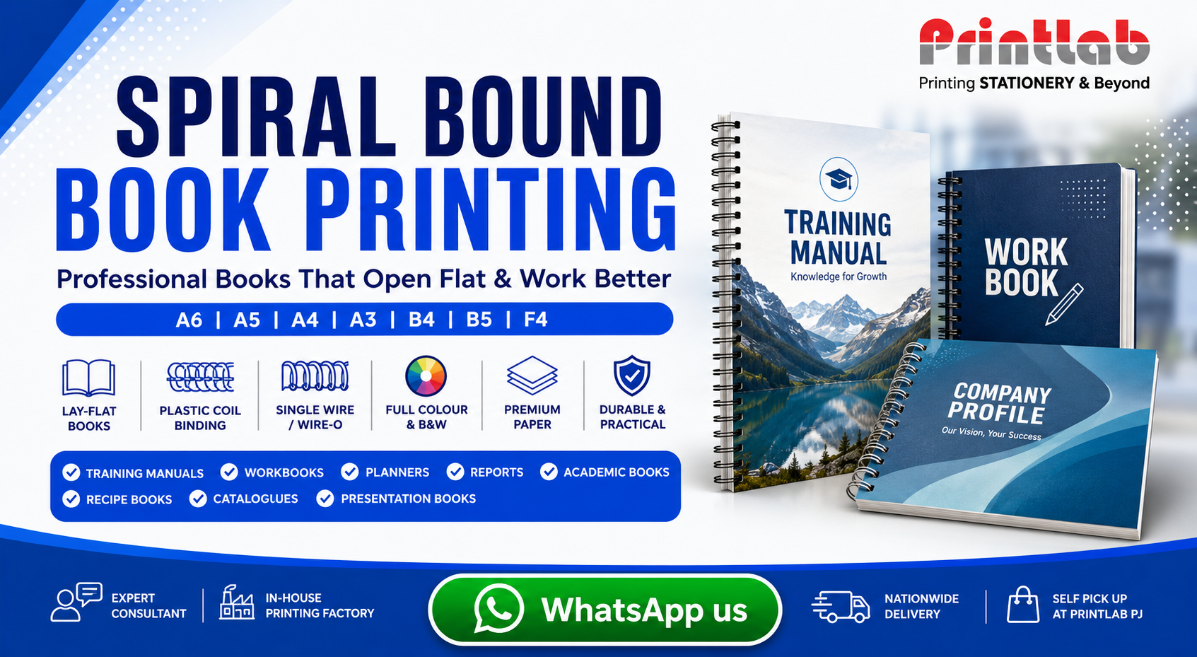 Printlab Marketing spiral bound book printing production showcasing 360-degree lay-flat Wire-O manuals, plastic coil workbooks, clear PVC protective covers, and custom tab dividers at Ara Damansara Petaling Jaya facility.