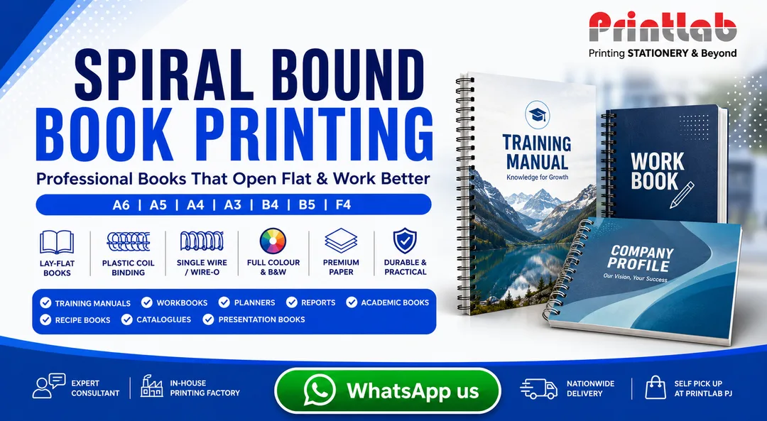 Printlab Marketing spiral bound book printing production showcasing 360-degree lay-flat Wire-O manuals, plastic coil workbooks, clear PVC protective covers, and custom tab dividers at Ara Damansara Petaling Jaya facility.