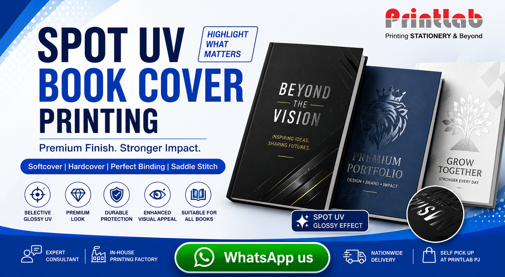 Printlab Marketing Spot UV book cover printing featuring tactile raised 3D gloss varnish highlights over soft-touch matt laminated covers at Ara Damansara Petaling Jaya production facility.