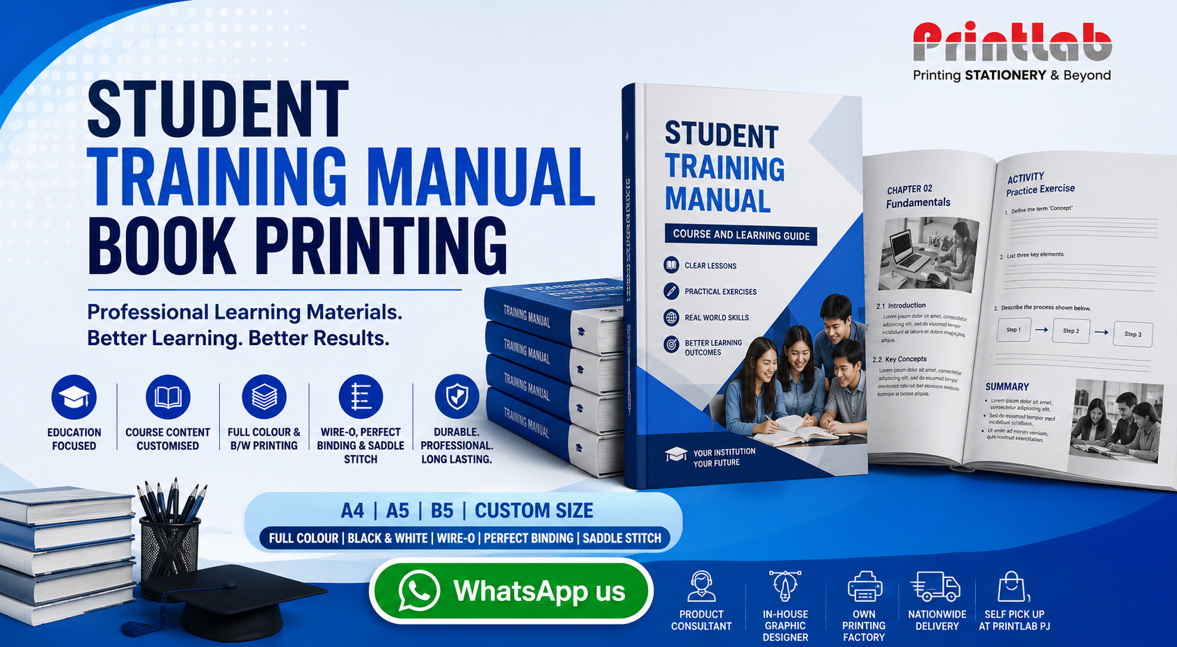 Printlab Marketing student training manual book printing featuring Wire-O lay-flat binding, custom laminated index tab dividers, and clear protective PVC covers at Ara Damansara Petaling Jaya production facility.