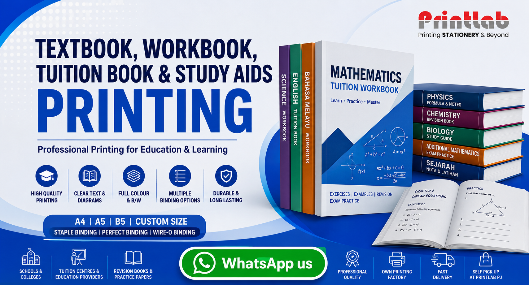 Printlab Marketing textbook workbook tuition book and study aids printing with perfect binding, saddle stitching, Wire-O binding, and water-resistant protective laminated covers at Ara Damansara Petaling Jaya production factory.