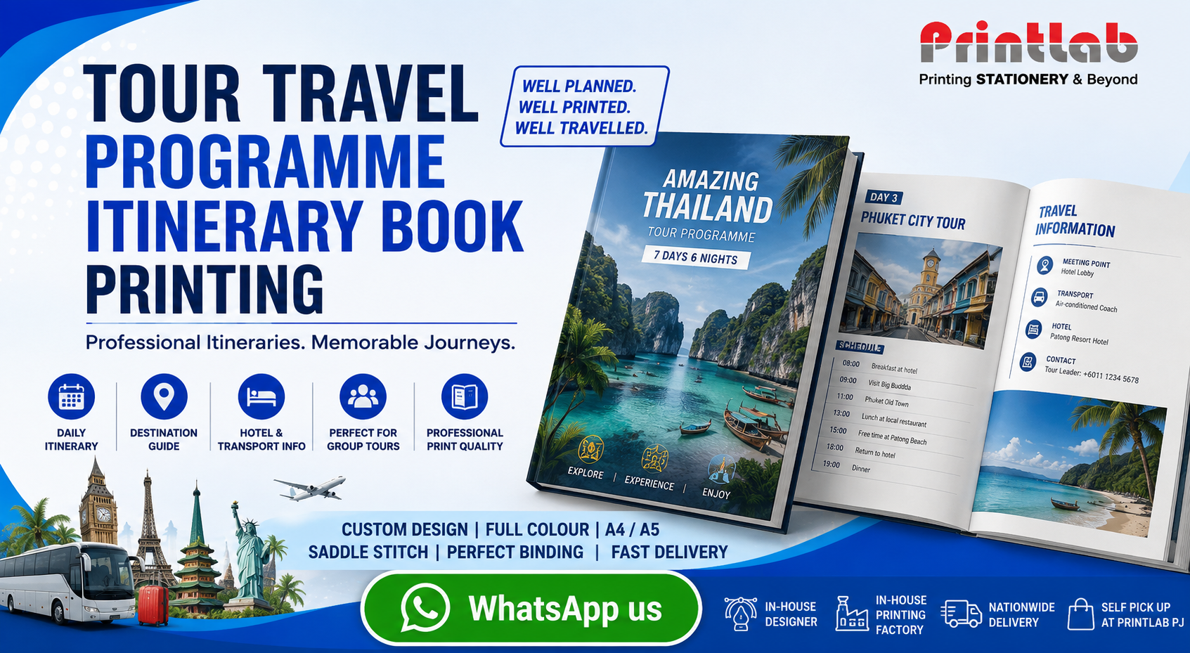 Printlab Marketing tour travel programme itinerary book printing featuring compact pocket size, durable wire-o binding, and glossy laminated protective covers at Ara Damansara Petaling Jaya production facility.