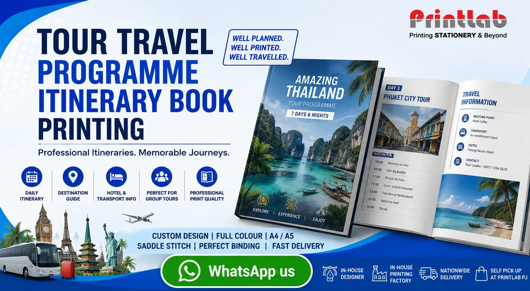 Printlab Marketing tour travel programme itinerary book printing featuring compact pocket size, durable wire-o binding, and glossy laminated protective covers at Ara Damansara Petaling Jaya production facility.