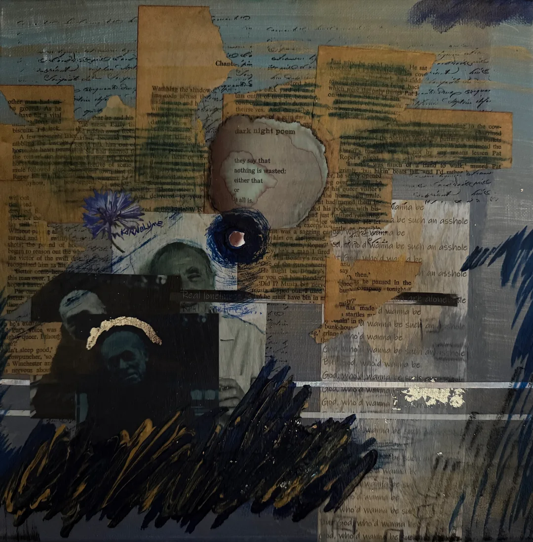 Scriveners: Charles Bukowski, Mixed Media Assemblage on Canvas 12x12