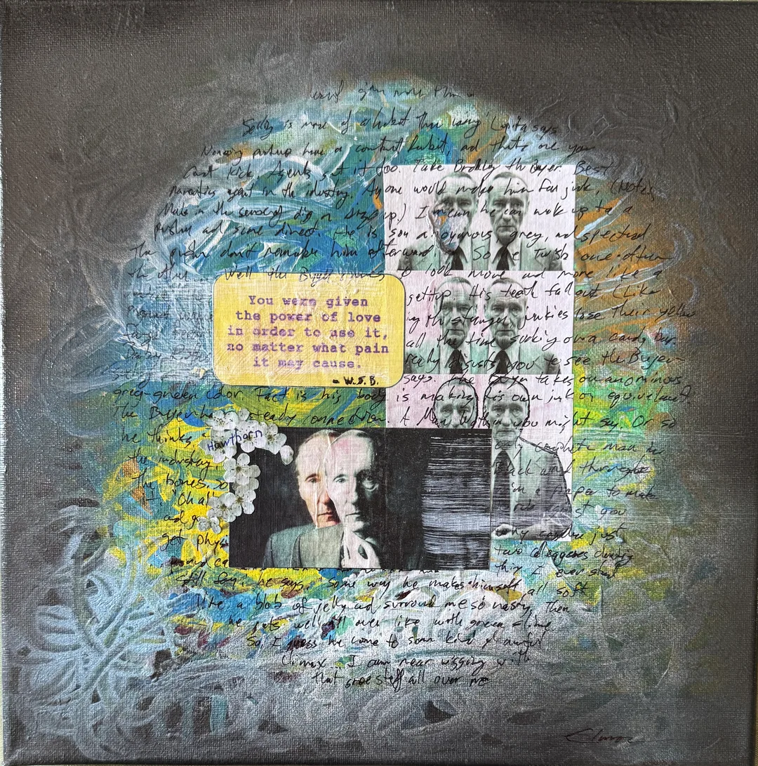 Scriveners: William S. Burroughs, Mixed Media Assemblage on Canvas 12x12